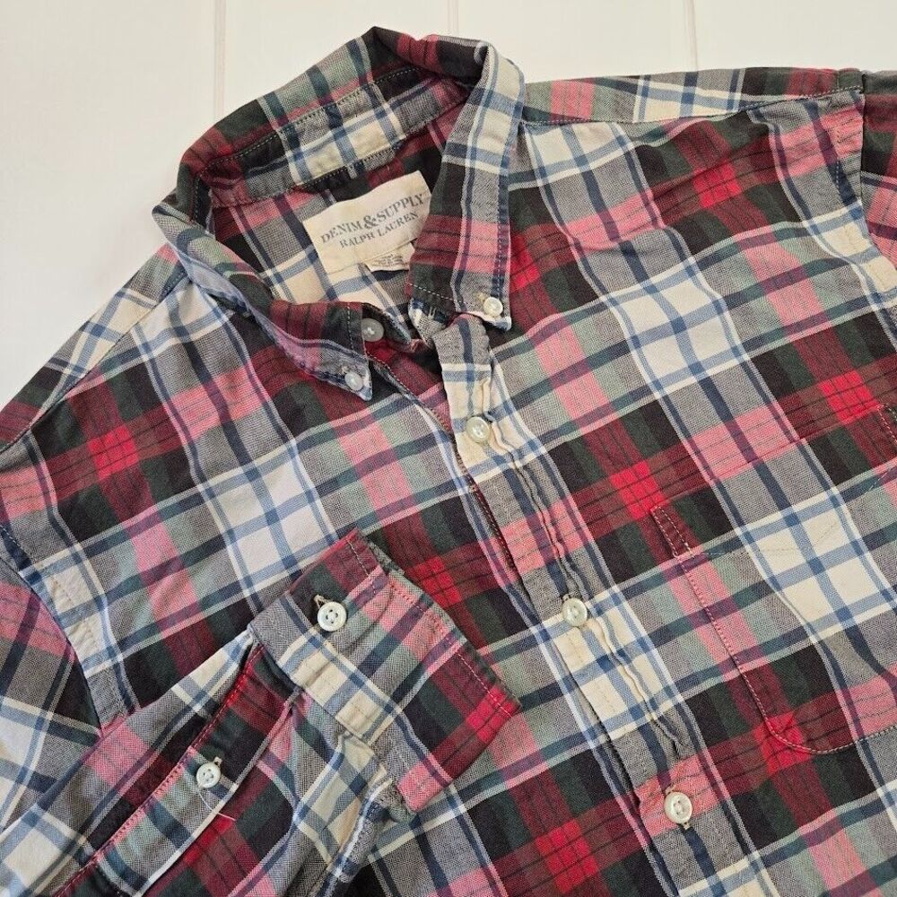 Ralph Lauren Denim & Supply Men's M Red White Green Xmas Plaid Button Down Shirt